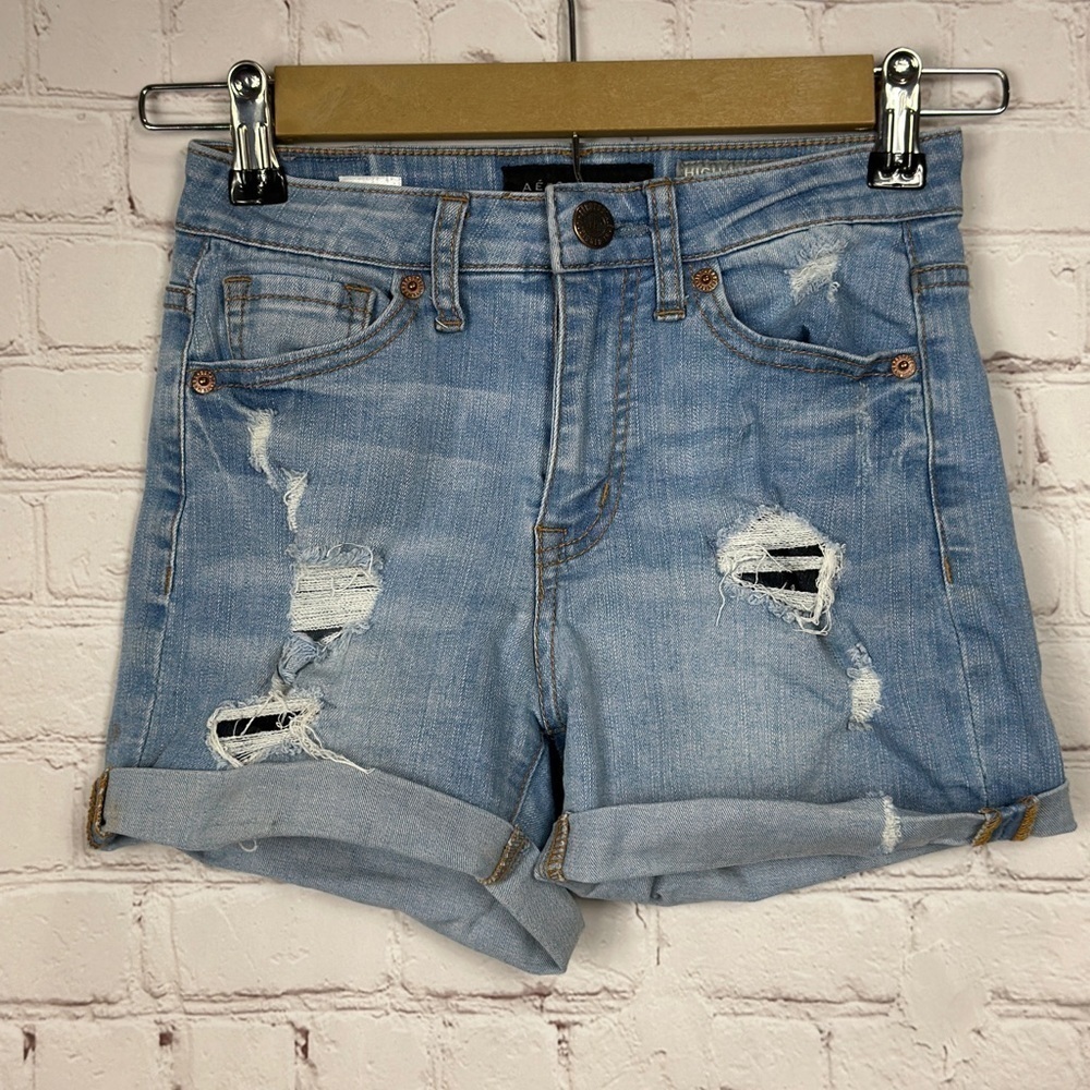 Aeropostale High Waisted Midi distressed raw hem denim jean shorts, sz 00